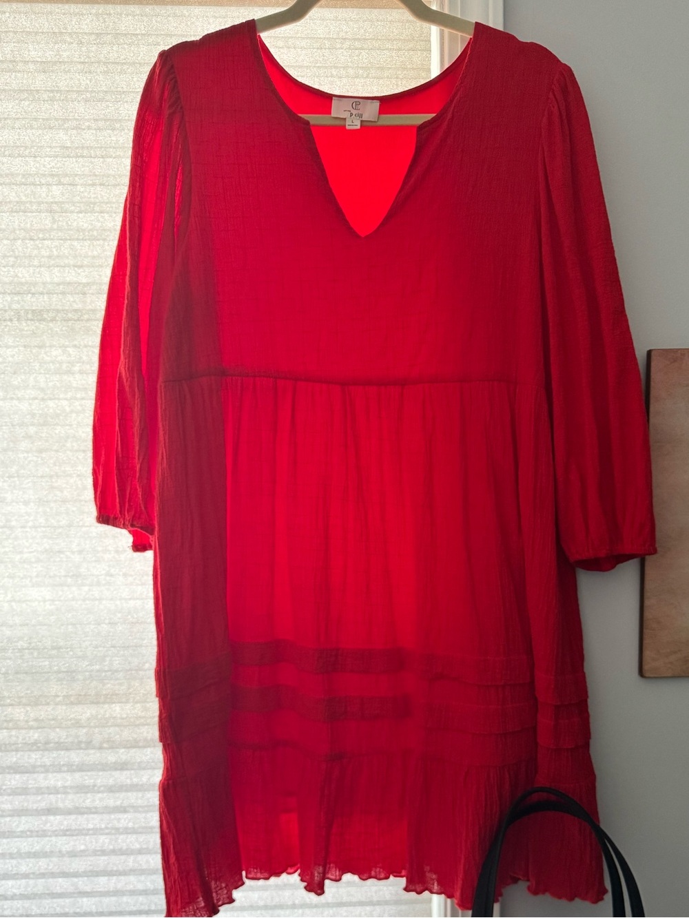 Red Midi Dress with V-Neck and Three-Quarter Sleeves and Floral Infinity Scarf